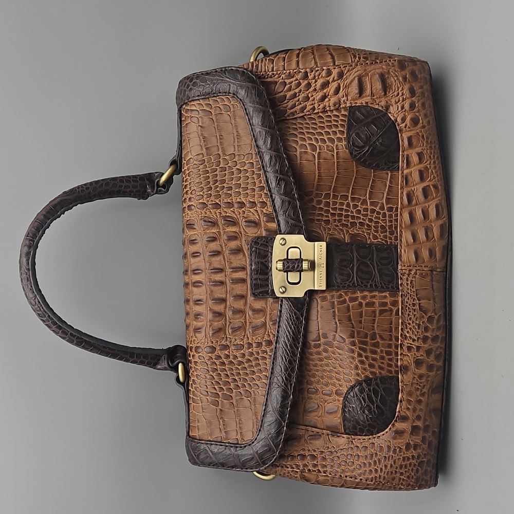 Etienne Aigner Brown Croc-Embossed Leather Top-Handle Tote